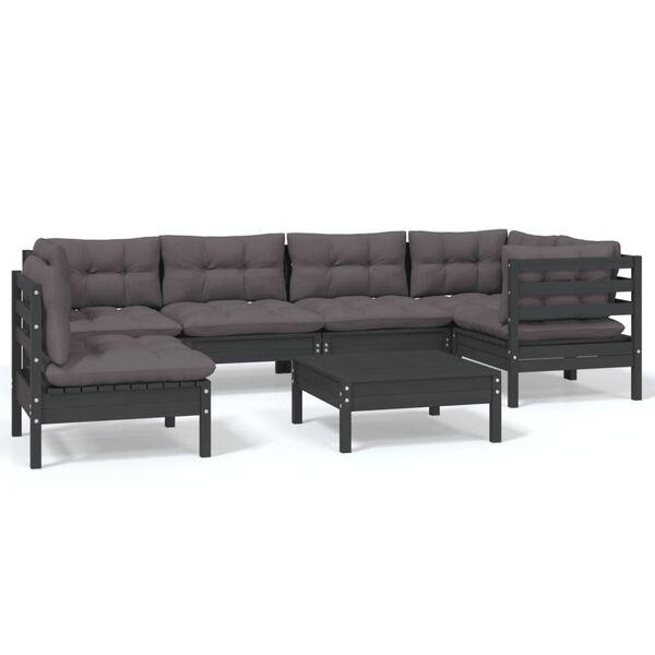 vidaXL 7 pcs conjunto lounge de jardim c/ almofad&otilde;es pinho preto