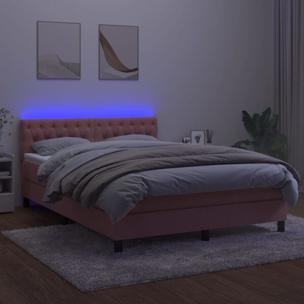 vidaXL Cama box spring c/ colch&atilde;o/LED 140x200 cm veludo rosa