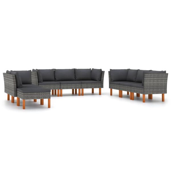 vidaXL 9 pcs conjunto lounge de jardim c/ almofad&otilde;es vime PE cinzento