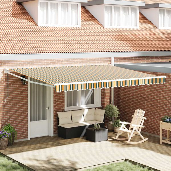 vidaXL Toldo Riscas Verde e amarelo 4,5 &times; 3 m Poli&eacute;ster e metal