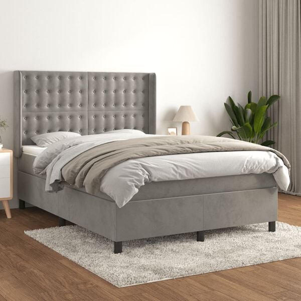 vidaXL Cama com molas/colch&atilde;o 140x200 cm veludo cinzento-claro