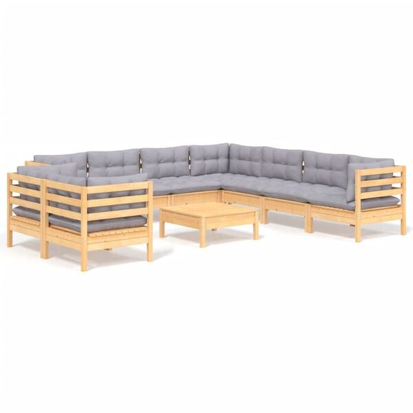 vidaXL 10pcs conjunto lounge de jardim + almofad&otilde;es cinza pinho maci&ccedil;o