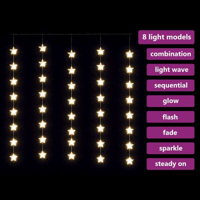 vidaXL Cortina iluminação c/ estrelas 200 LEDs 8 funções branco quente
