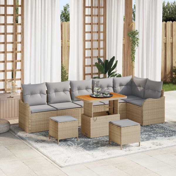 vidaXL Conjunto de Sof&aacute; de Jardim com almofada 9 pcs Bege vime PE