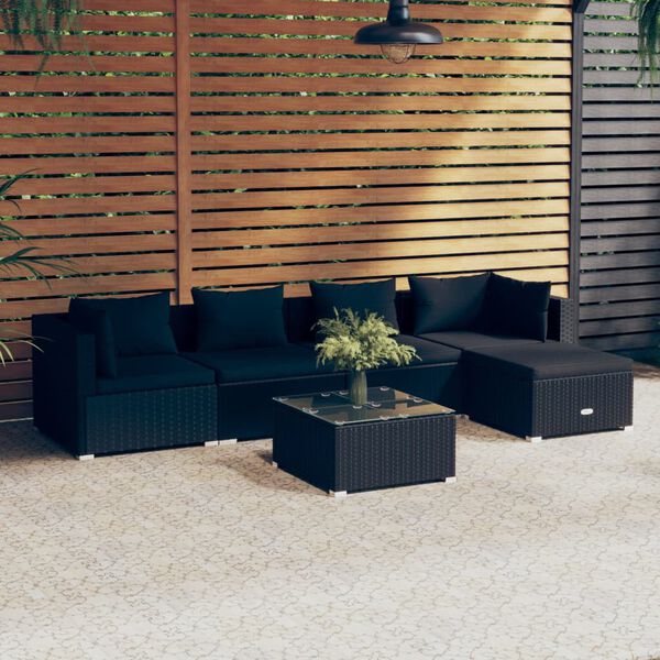 vidaXL 6 pcs conjunto lounge de jardim c/ almofad&otilde;es vime PE preto