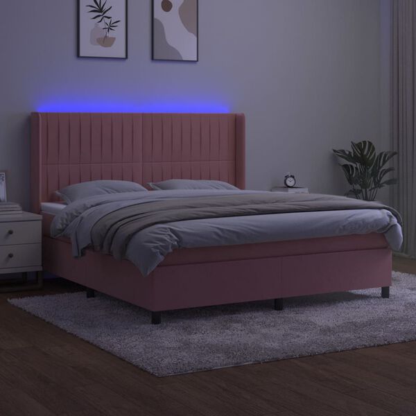 vidaXL Cama box spring c/ colch&atilde;o/LED 160x200 cm veludo rosa
