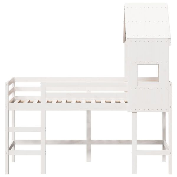vidaXL Cama alta c/ escada e telhado 90x190 cm pinho maci&ccedil;o branco
