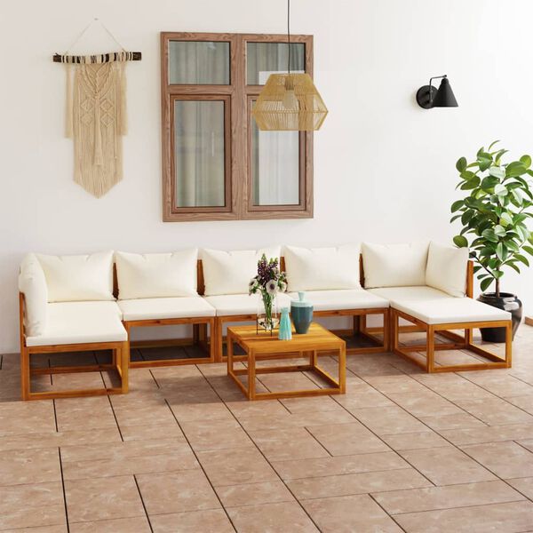 vidaXL 8 pcs conjunto lounge jardim c/ almofadões acácia maciça creme