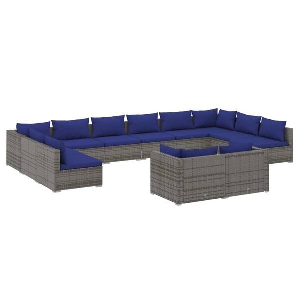 vidaXL 12 pcs conjunto lounge de jardim c/ almofad&otilde;es vime PE cinzento