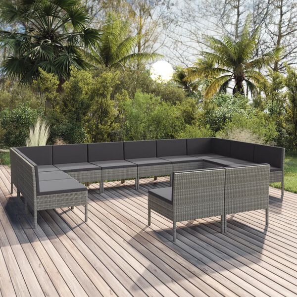 vidaXL 12 pcs conjunto lounge de jardim c/ almofadões vime PE cinzento