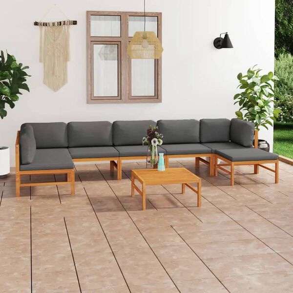 vidaXL 8 pcs conj. lounge jardim c/ almofad&otilde;es cinzentos teca maci&ccedil;a