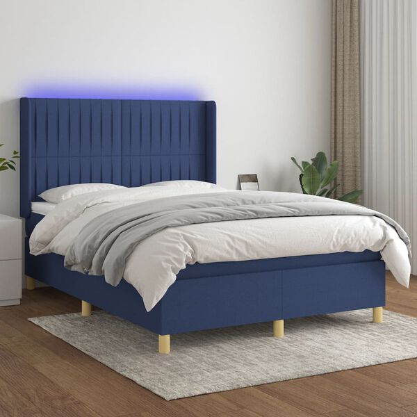 vidaXL Cama box spring c/ colch&atilde;o e LED 140x200 cm tecido azul