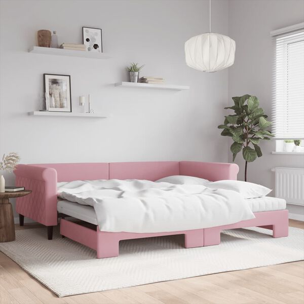 vidaXL Sof&aacute;-cama com gavet&atilde;o e colch&otilde;es 100x200 cm veludo rosa