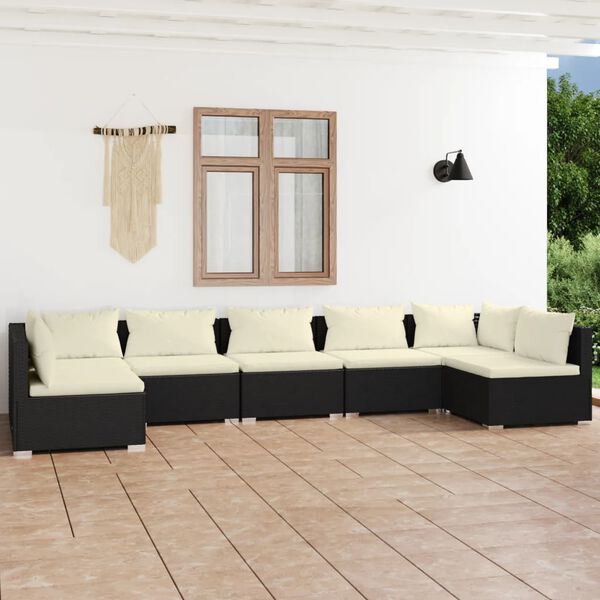 vidaXL 7 pcs conjunto lounge de jardim c/ almofad&otilde;es vime PE preto