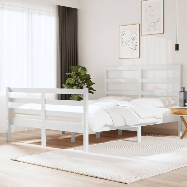 vidaXL Estrutura de cama casal 135x190 cm pinho maci&ccedil;o branco