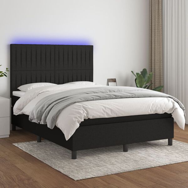 vidaXL Cama box spring c/ colch&atilde;o e LED 140x190 cm tecido preto