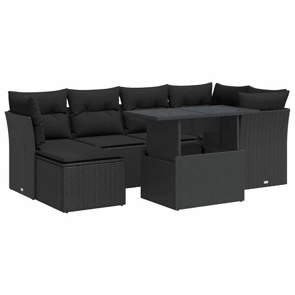 vidaXL 7 pcs conjunto de sof&aacute;s p/ jardim c/ almofad&otilde;es vime PE preto