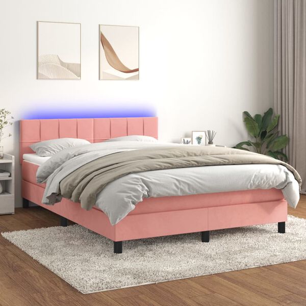 vidaXL Cama box spring c/ colch&atilde;o/LED 140x190 cm veludo rosa