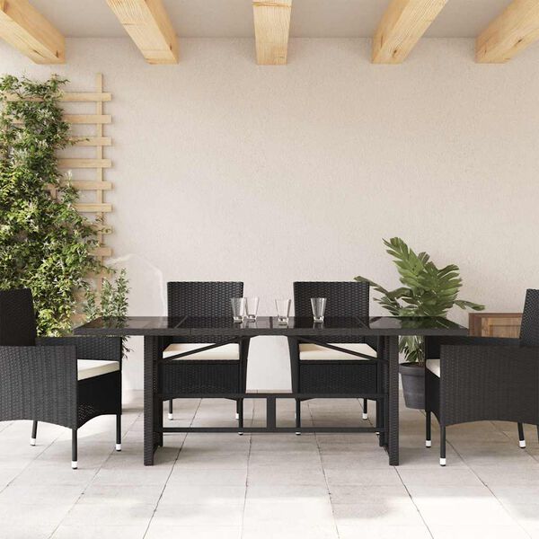 vidaXL Mesa de jardim com tampo de vidro 190x80x74 cm vime PE preto