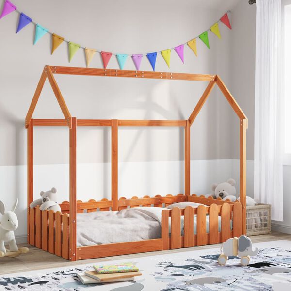 vidaXL Cama infantil formato casa 80x160 cm pinho maci&ccedil;o castanho-mel