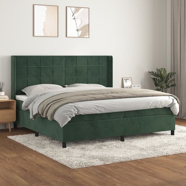 vidaXL Cama com molas/colch&atilde;o 200x200 cm veludo verde-escuro
