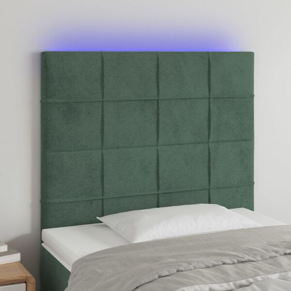 vidaXL Cabeceira de cama c/ LED veludo 90x5x118/128 cm verde-escuro