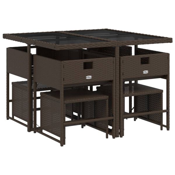 vidaXL 9 pcs conjunto jantar p/ jardim c/ almofad&otilde;es vime PE castanho