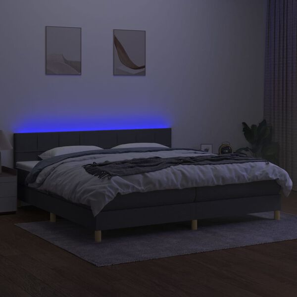 vidaXL Cama box spring c/ colch&atilde;o e LED 200x200 cm tecido cinza-escuro