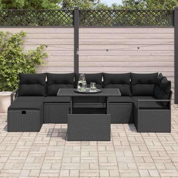 vidaXL Conjunto de Sof&aacute; de Jardim 8 pcs Preto Rattan Sint&eacute;tico
