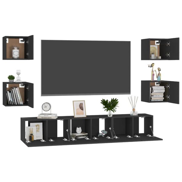 vidaXL 7 pcs conjunto de m&oacute;veis de TV derivados de madeira preto