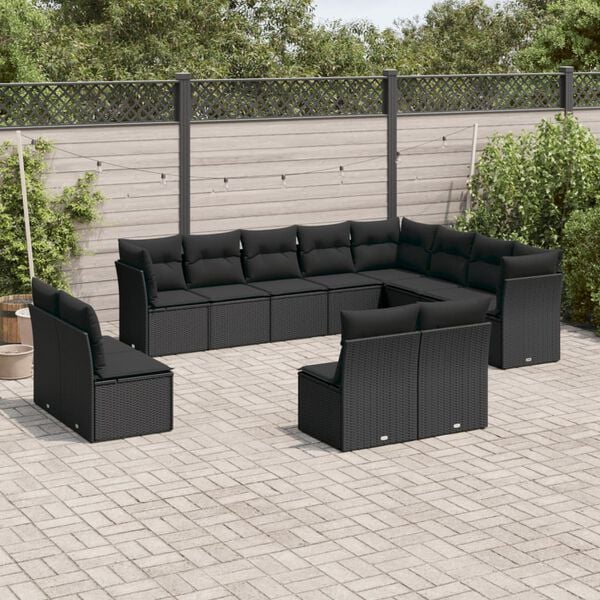 vidaXL 12 pcs conjunto de sof&aacute;s de jardim c/ almofad&otilde;es vime PE preto