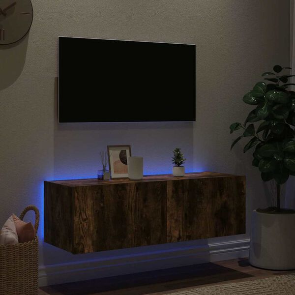 vidaXL M&oacute;vel de parede p/ TV c/ luzes LED 100x35x31 cm carvalho fumado