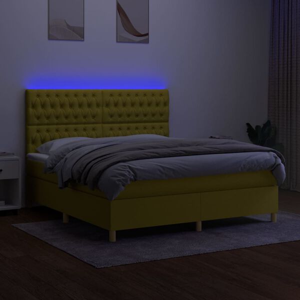 vidaXL Cama box spring c/ colch&atilde;o e LED 180x200 cm tecido verde