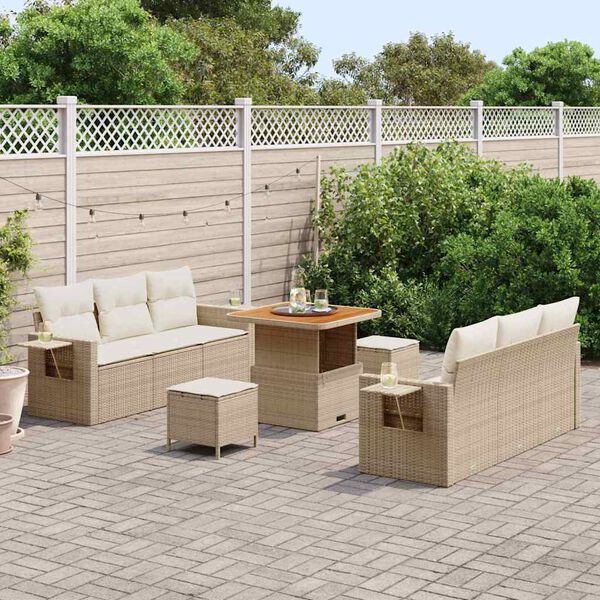 vidaXL Conjunto de Sof&aacute; de Jardim com almofada 9 pcs Bege vime PE