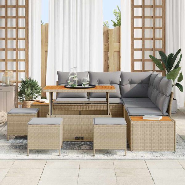 vidaXL Conjunto de Sof&aacute; de Jardim 9 pcs Bege Rattan Sint&eacute;tico
