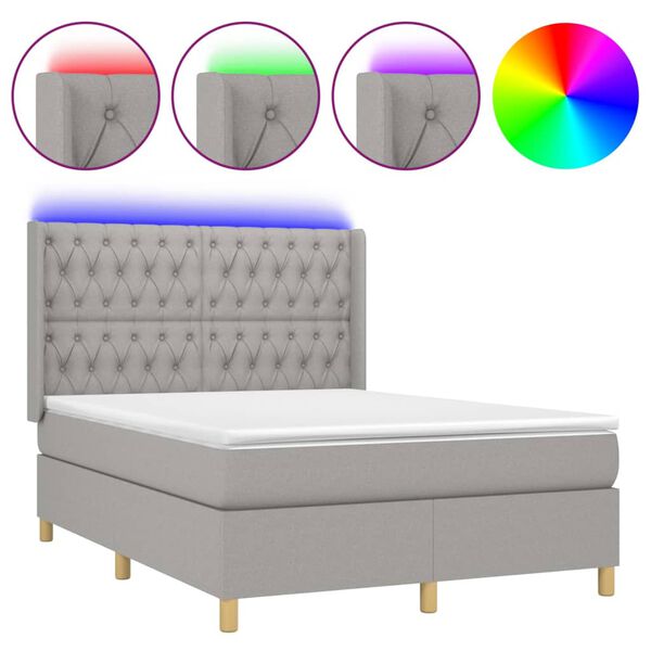 vidaXL Cama box spring c/ colch&atilde;o e LED 140x200 cm tecido cinza-claro