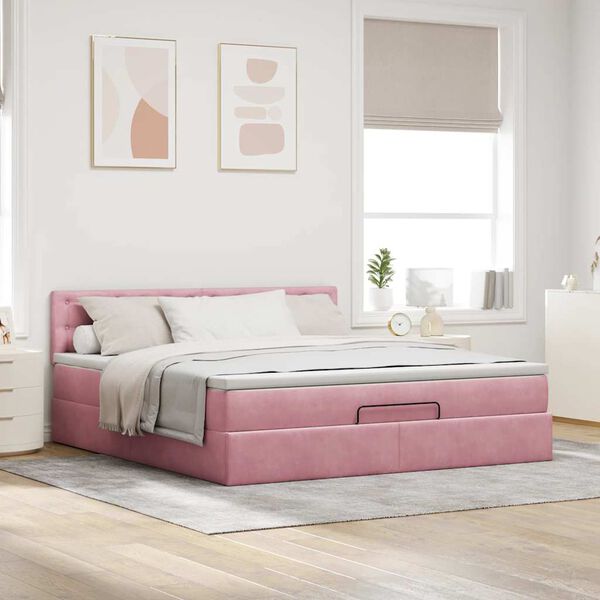 vidaXL Estrutura de cama otomana com colch&atilde;o 160x200 cm veludo rosa