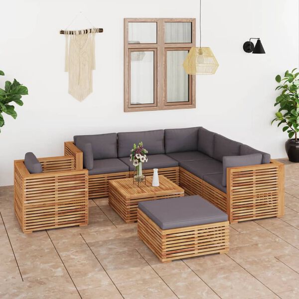 vidaXL 8 pcs conj. lounge jardim + almofad&otilde;es cinza-escuro teca maci&ccedil;a
