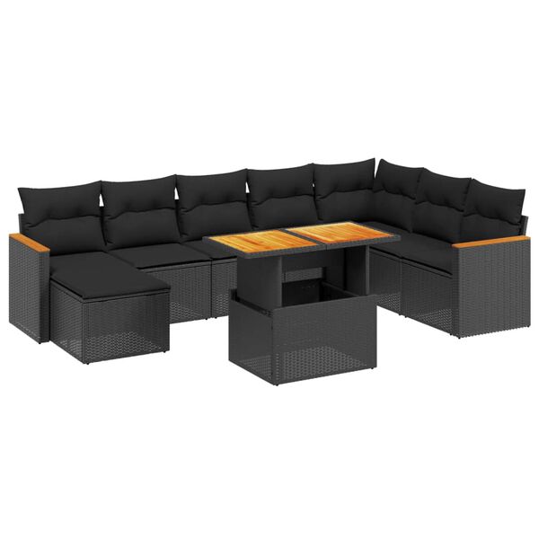 vidaXL 9 pcs conjunto de sof&aacute;s p/ jardim c/ almofad&otilde;es vime PE preto