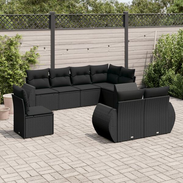 vidaXL 8 pcs conjunto sof&aacute;s de jardim com almofad&otilde;es vime PE preto