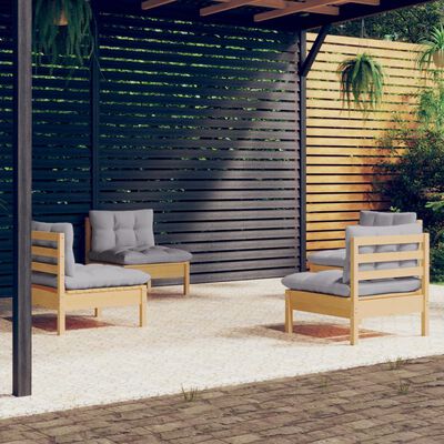 vidaXL 4 pcs conjunto lounge de jardim c/ almofadões cinzentos pinho