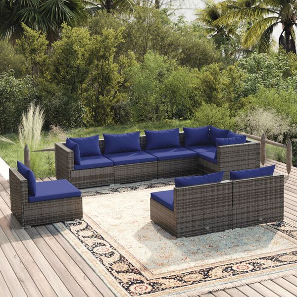 vidaXL 8 pcs conjunto lounge de jardim c/ almofad&otilde;es vime PE cinzento