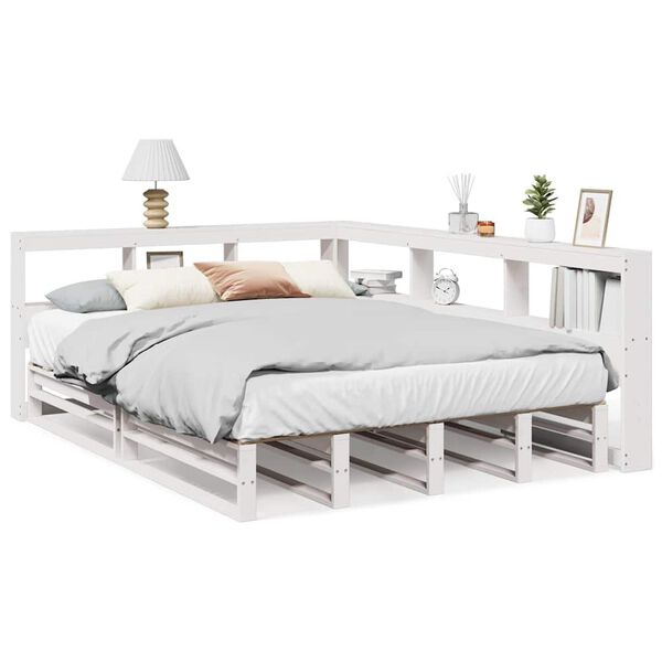 vidaXL Cama com estante sem colchão 150x200 cm pinho maciço branco