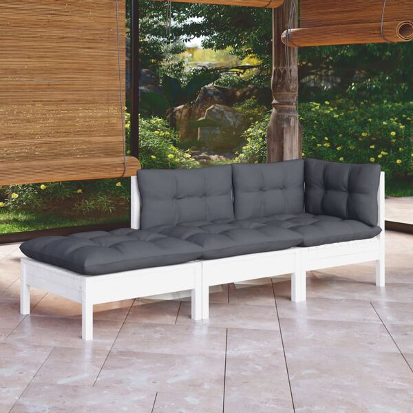 vidaXL 3 pcs conjunto lounge de jardim c/ almofadões pinho maciço
