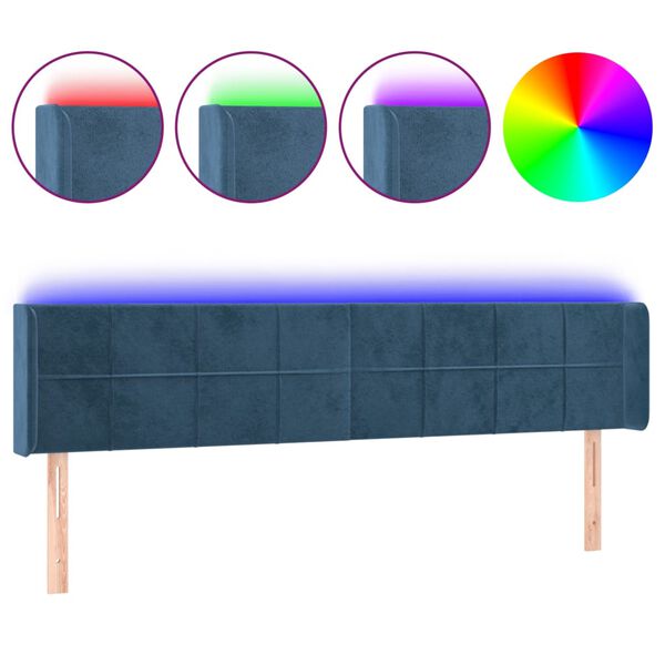 vidaXL Cabeceira cama c/ luzes LED veludo 203x16x78/88 cm azul-escuro