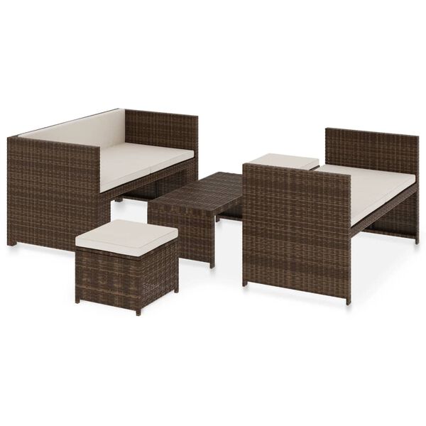 vidaXL 5 pcs conjunto lounge jardim c/ almofad&otilde;es vime PE castanho
