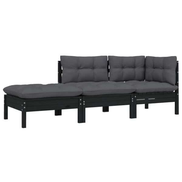 vidaXL 3 pcs conjunto lounge jardim c/ almofad&otilde;es pinho maci&ccedil;o preto