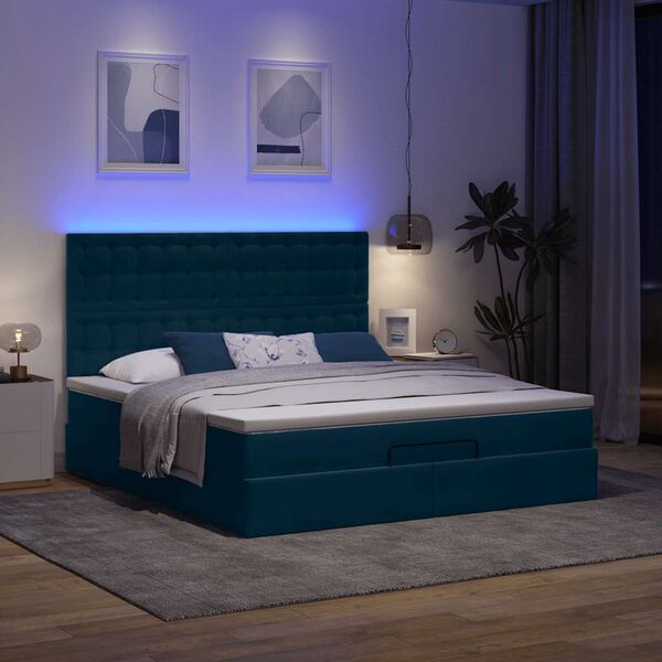 vidaXL Estrutura de cama otomana com colch&atilde;o azul escuro veludo