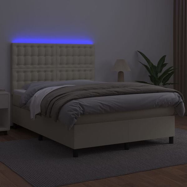 vidaXL Cama box spring c/ colch&atilde;o/LED 140x190cm couro artificial creme