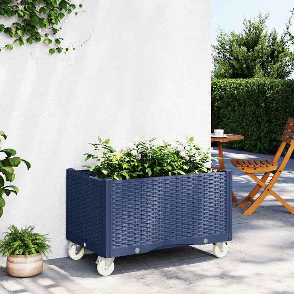 vidaXL Vaso/floreira de jardim com rodas 80x50x54 cm PP cinzento azul